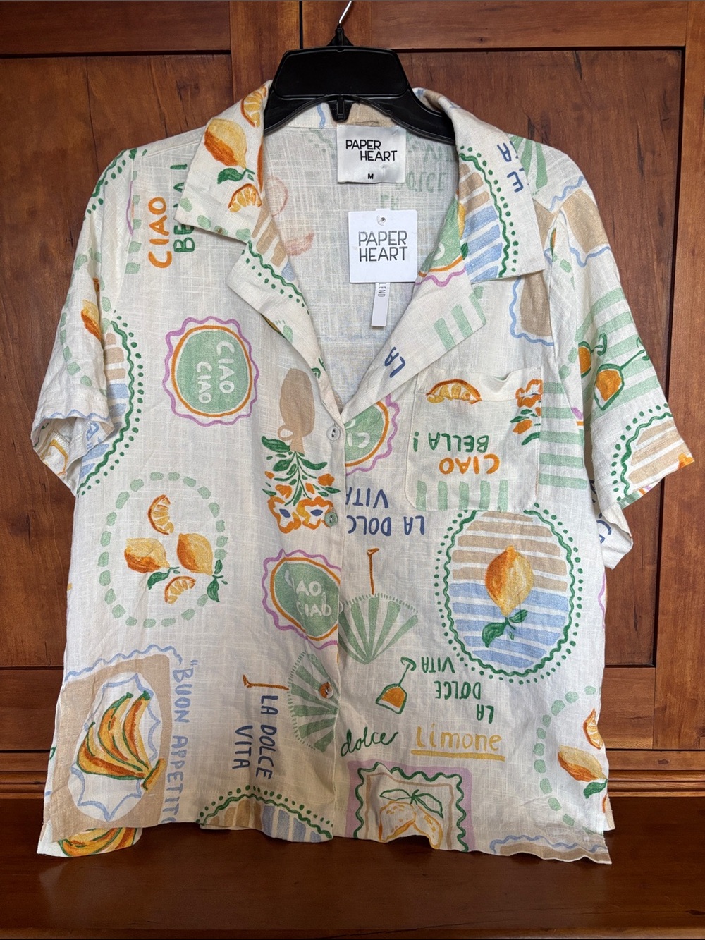 Men's Short-Sleeve Linen Blend Shirt in Cream with Citrus Print